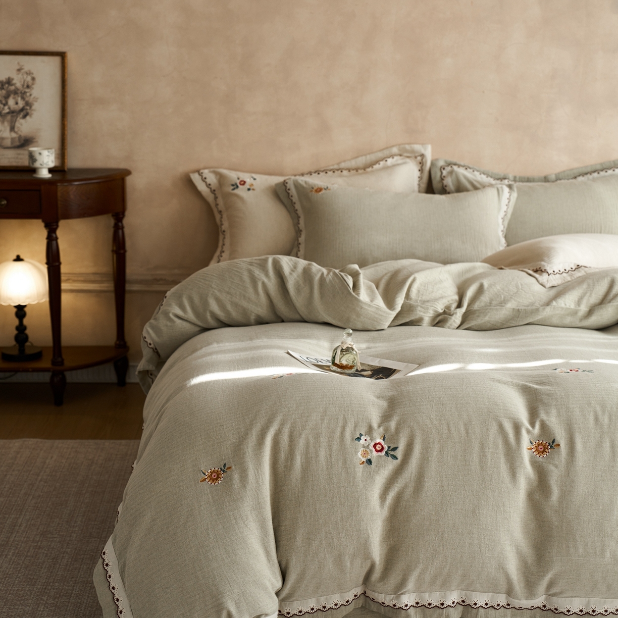 91家纺网 家纺一手货源 找家纺 涞澳家纺 2025新款棉麻皱皱纱四件套 一山春色-绿