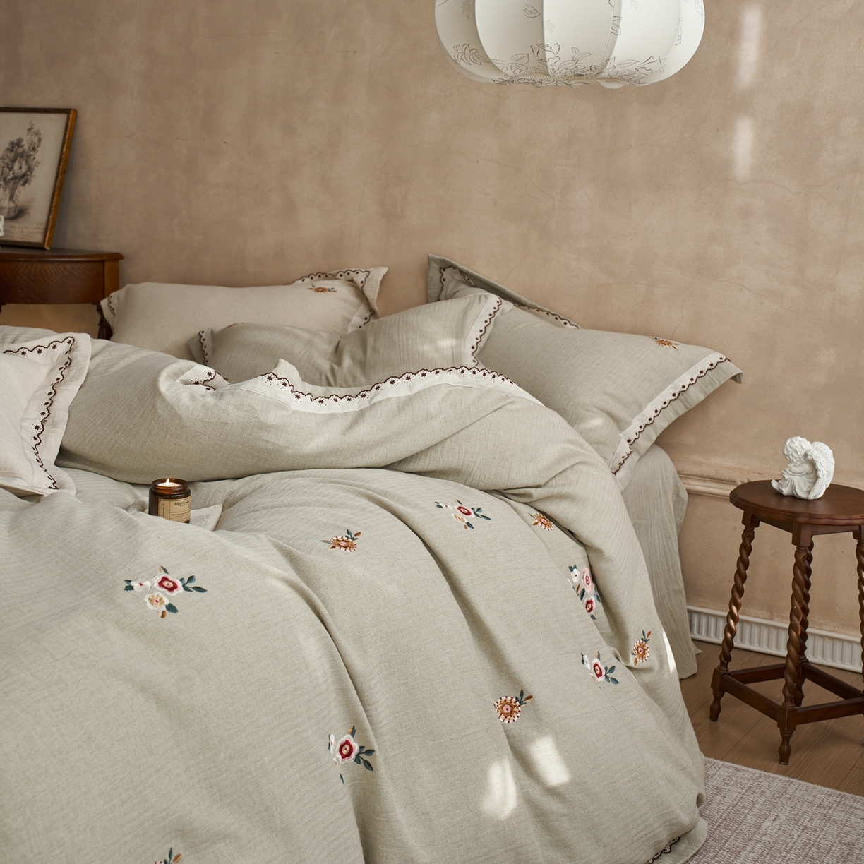 91家纺网 家纺一手货源 找家纺 涞澳家纺 2025新款棉麻皱皱纱四件套 一山春色-绿