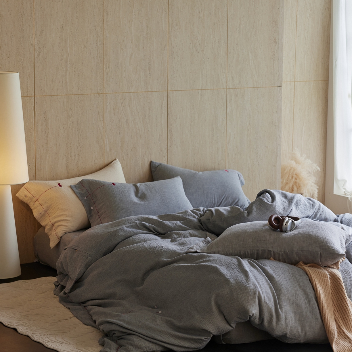 91家纺网 家纺一手货源 找家纺 涞澳家纺 2025新款棉麻皱皱纱四件套 梵象-蓝