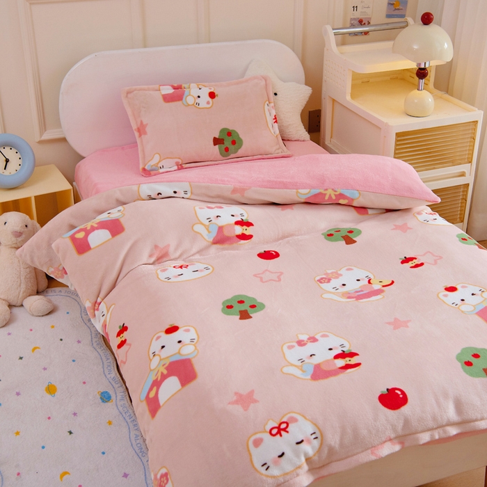 91家纺网 家纺一手货源 找家纺 吉咪兔 2025新款儿童卡通牛奶绒双面绒幼儿园被子三件套六件套保暖被褥被套 可爱猫咪