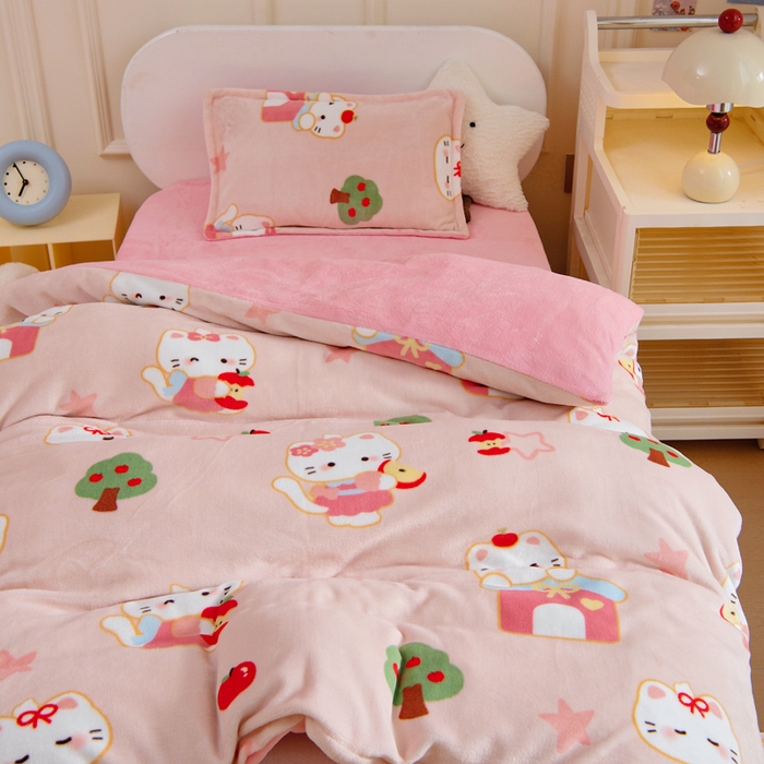 91家纺网 家纺一手货源 找家纺 吉咪兔 2025新款儿童卡通牛奶绒双面绒幼儿园被子三件套六件套保暖被褥被套 可爱猫咪
