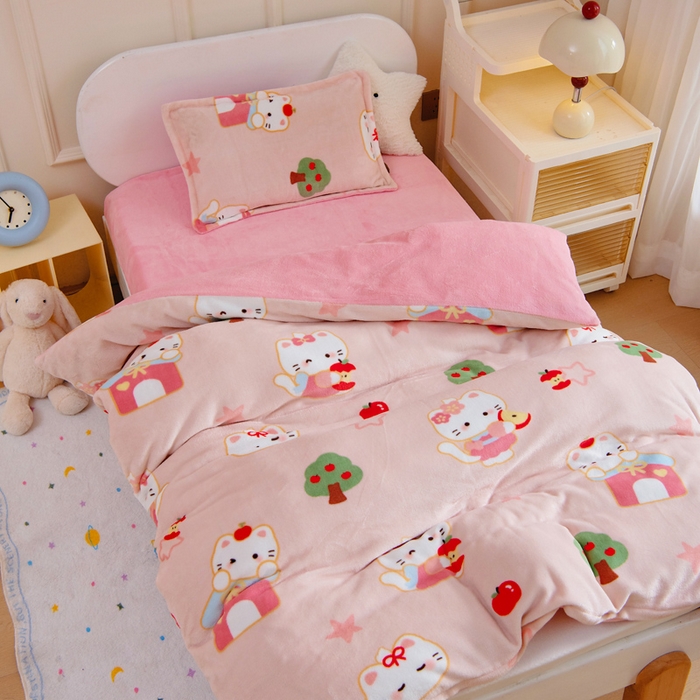 91家纺网 家纺一手货源 找家纺 吉咪兔 2025新款儿童卡通牛奶绒双面绒幼儿园被子三件套六件套保暖被褥被套 可爱猫咪