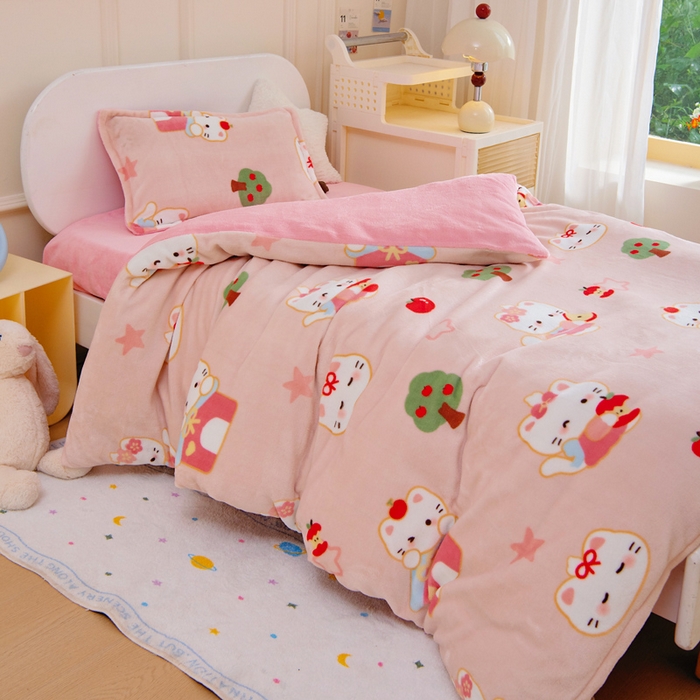 91家纺网 家纺一手货源 找家纺 吉咪兔 2025新款儿童卡通牛奶绒双面绒幼儿园被子三件套六件套保暖被褥被套 可爱猫咪