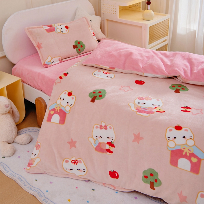 91家纺网 家纺一手货源 找家纺 吉咪兔 2025新款儿童卡通牛奶绒双面绒幼儿园被子三件套六件套保暖被褥被套 可爱猫咪