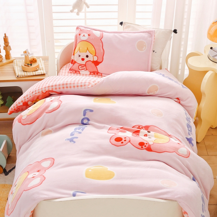 91家纺网 家纺一手货源 找家纺 吉咪兔 2025新款儿童卡通牛奶绒双面绒幼儿园被子三件套六件套保暖被褥被套 可爱女孩