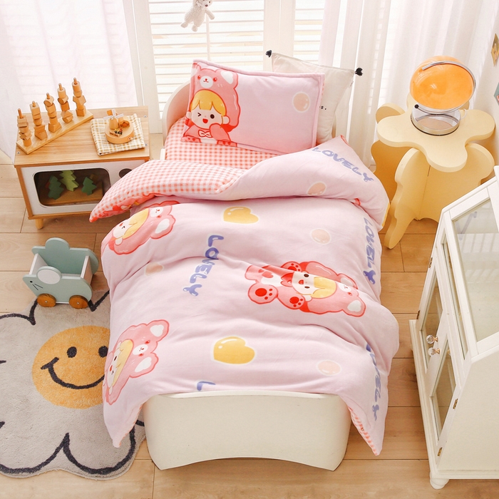 91家纺网 家纺一手货源 找家纺 吉咪兔 2025新款儿童卡通牛奶绒双面绒幼儿园被子三件套六件套保暖被褥被套 可爱女孩