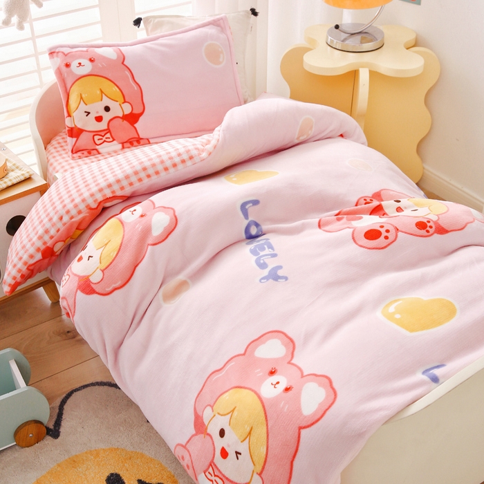 91家纺网 家纺一手货源 找家纺 吉咪兔 2025新款儿童卡通牛奶绒双面绒幼儿园被子三件套六件套保暖被褥被套 可爱女孩