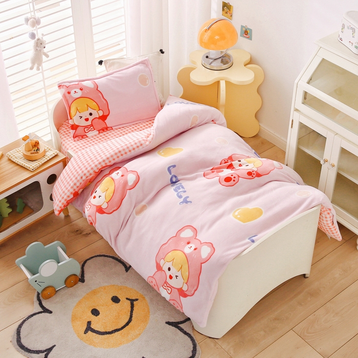 91家纺网 家纺一手货源 找家纺 吉咪兔 2025新款儿童卡通牛奶绒双面绒幼儿园被子三件套六件套保暖被褥被套 可爱女孩