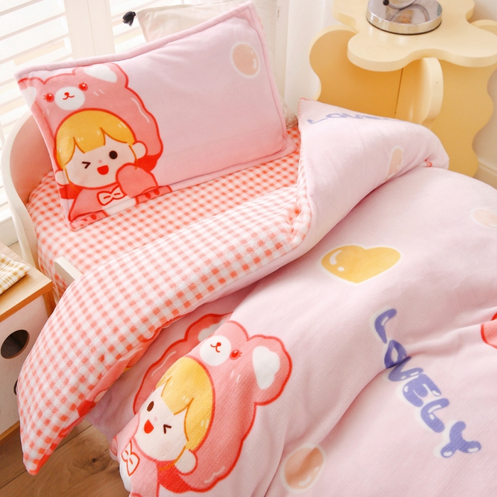 91家纺网 家纺一手货源 找家纺 吉咪兔 2025新款儿童卡通牛奶绒双面绒幼儿园被子三件套六件套保暖被褥被套 可爱女孩