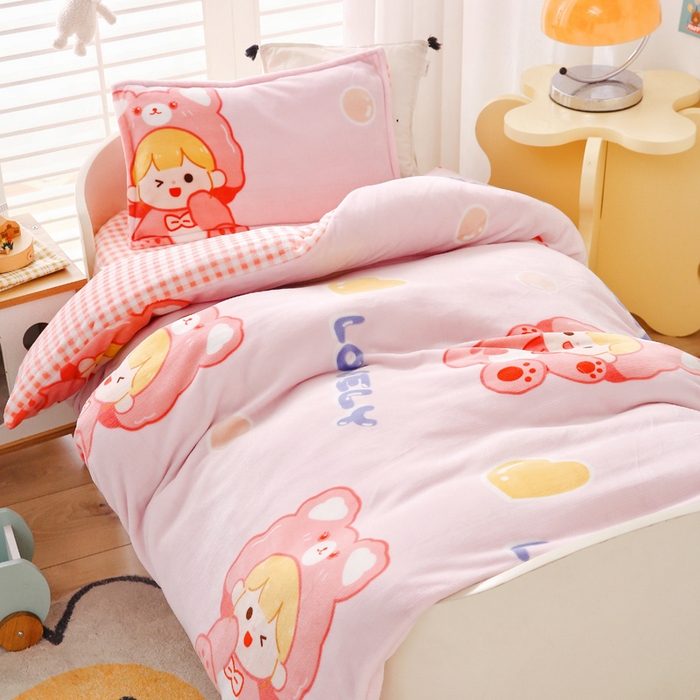 91家纺网 家纺一手货源 找家纺 吉咪兔 2025新款儿童卡通牛奶绒双面绒幼儿园被子三件套六件套保暖被褥被套 可爱女孩