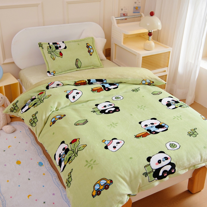 91家纺网 家纺一手货源 找家纺 吉咪兔 2025新款儿童卡通牛奶绒双面绒幼儿园被子三件套六件套保暖被褥被套 可爱熊猫