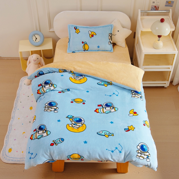 91家纺网 家纺一手货源 找家纺 吉咪兔 2025新款儿童卡通牛奶绒双面绒幼儿园被子三件套六件套保暖被褥被套 探索宇宙