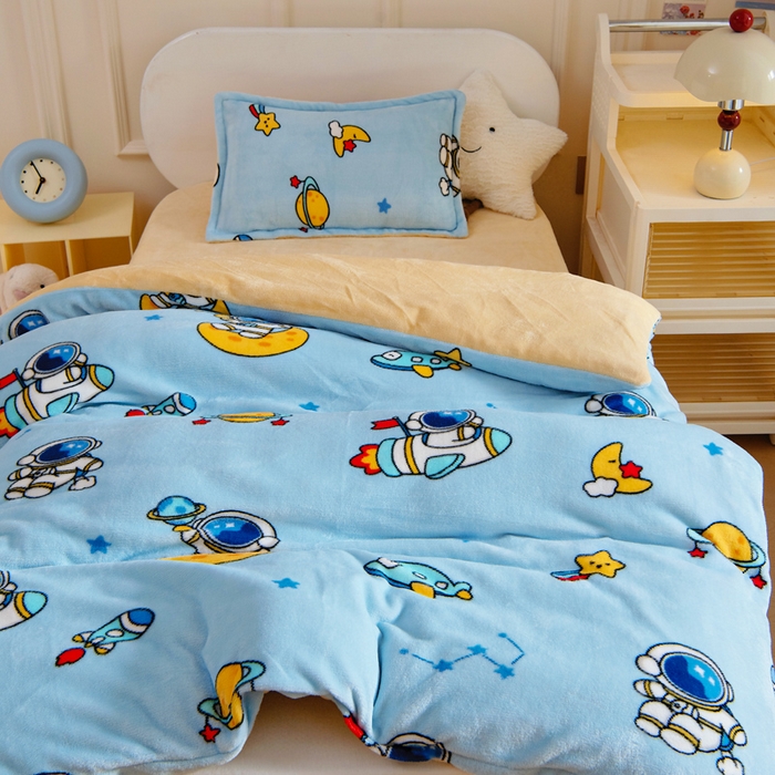 91家纺网 家纺一手货源 找家纺 吉咪兔 2025新款儿童卡通牛奶绒双面绒幼儿园被子三件套六件套保暖被褥被套 探索宇宙