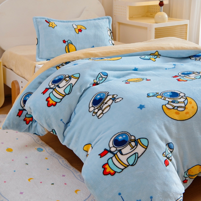 91家纺网 家纺一手货源 找家纺 吉咪兔 2025新款儿童卡通牛奶绒双面绒幼儿园被子三件套六件套保暖被褥被套 探索宇宙