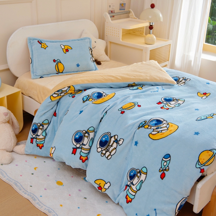 91家纺网 家纺一手货源 找家纺 吉咪兔 2025新款儿童卡通牛奶绒双面绒幼儿园被子三件套六件套保暖被褥被套 探索宇宙