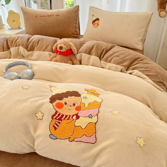 如一 2025新款卡通毛巾绣系列牛奶绒四件套第一批 星星派对