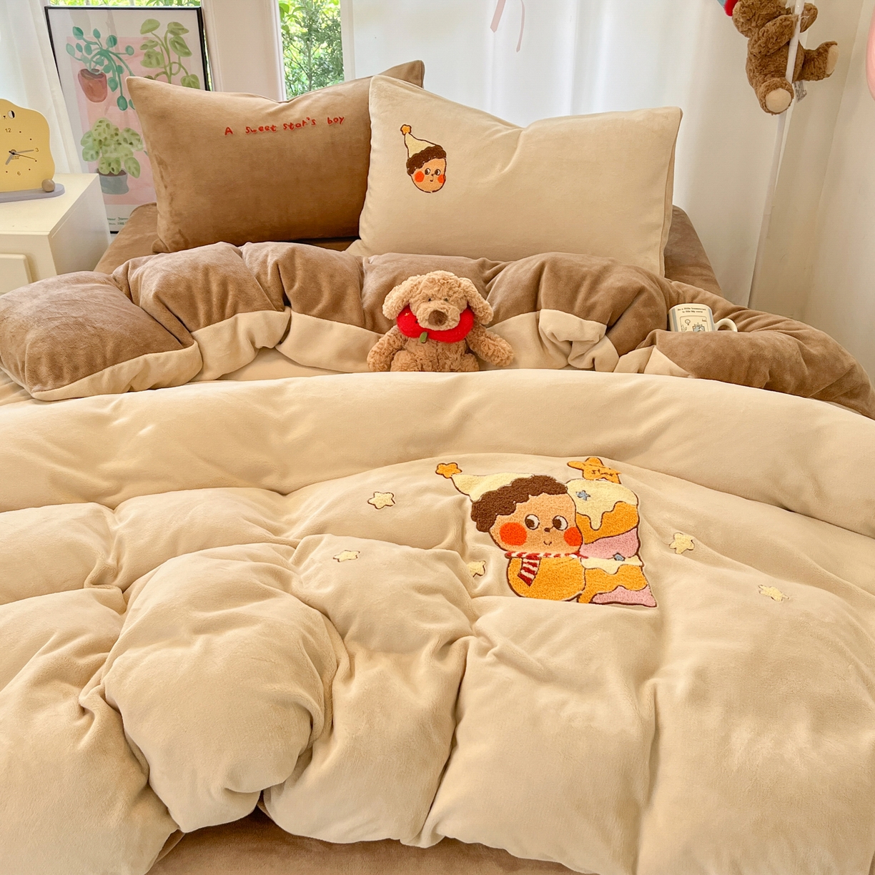 91家纺网 家纺一手货源 找家纺 如一 2025新款卡通毛巾绣系列牛奶绒四件套第一批 星星派对