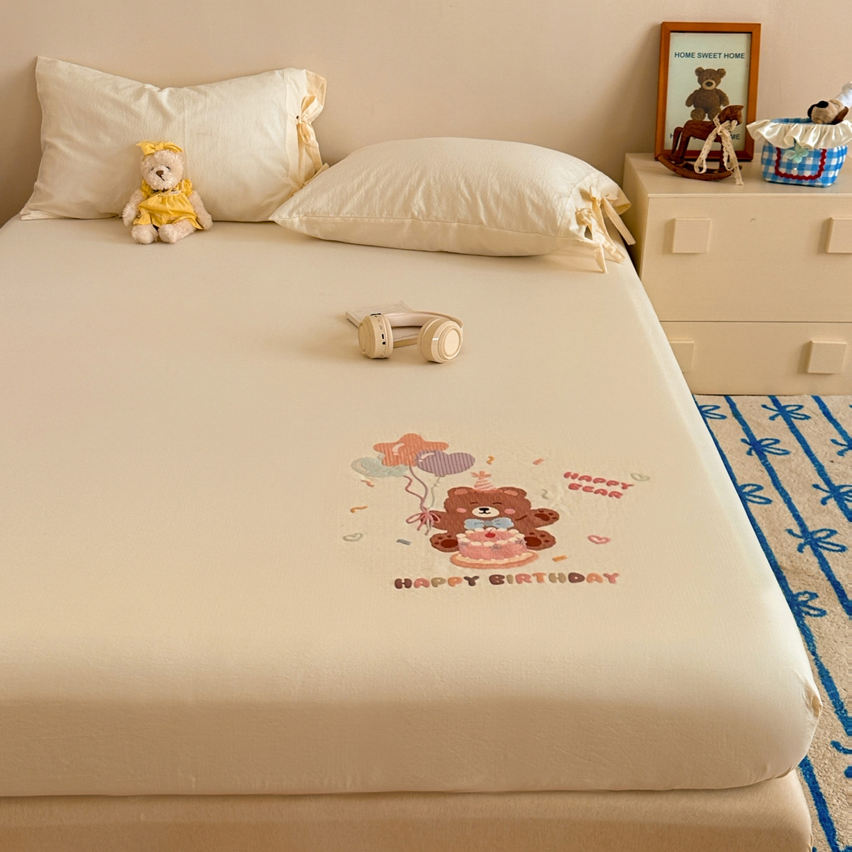 91家纺网 家纺一手货源 找家纺 （总）漫仙阁家纺 2025新品云朵棉可爱风卡通烫画单床笠枕套三件套