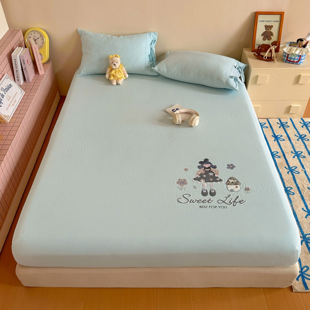 91家纺网 家纺一手货源 找家纺 漫仙阁家纺 2025新品云朵棉可爱风卡通烫画单床笠枕套三件套 花仙子