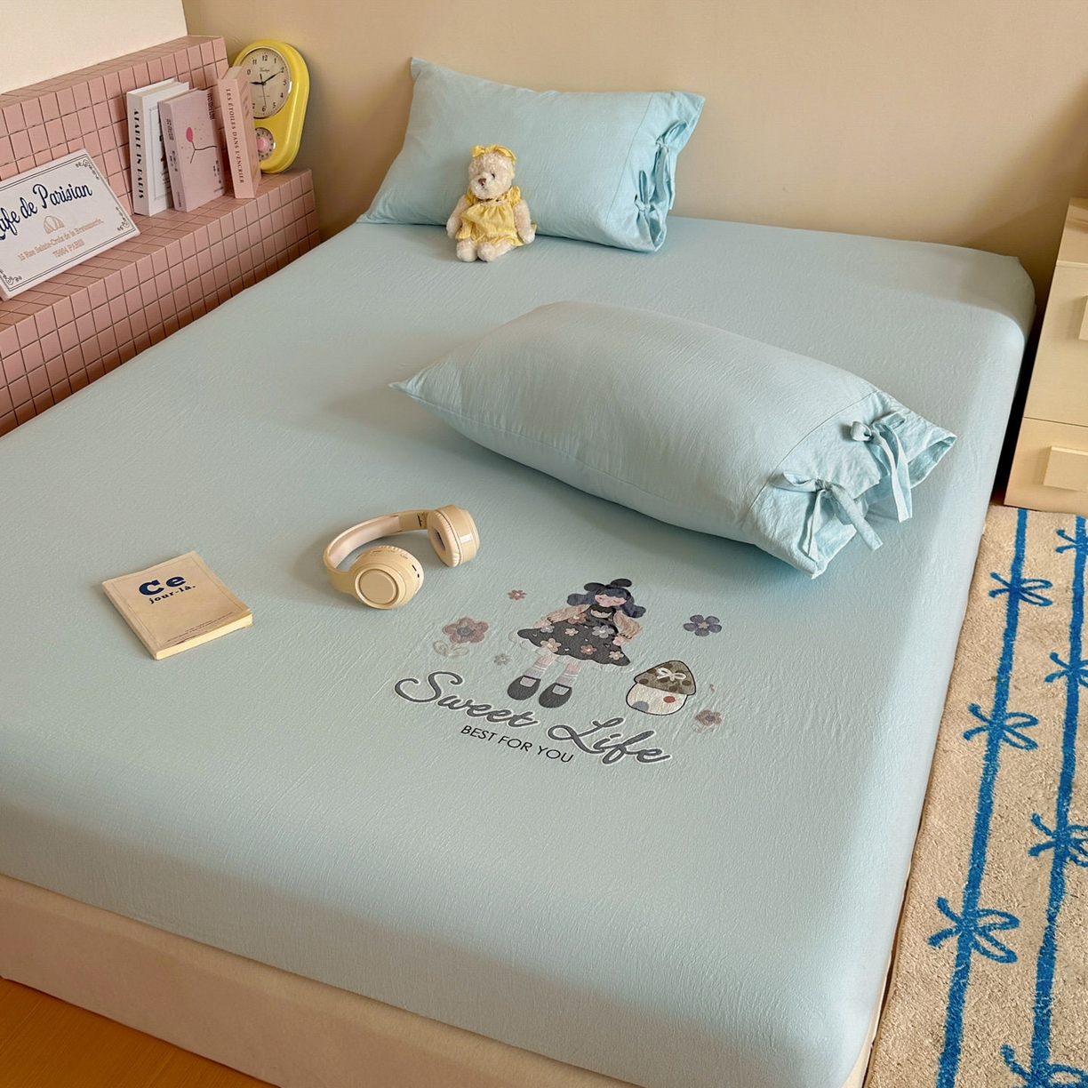 91家纺网 家纺一手货源 找家纺 漫仙阁家纺 2025新品云朵棉可爱风卡通烫画单床笠枕套三件套 花仙子