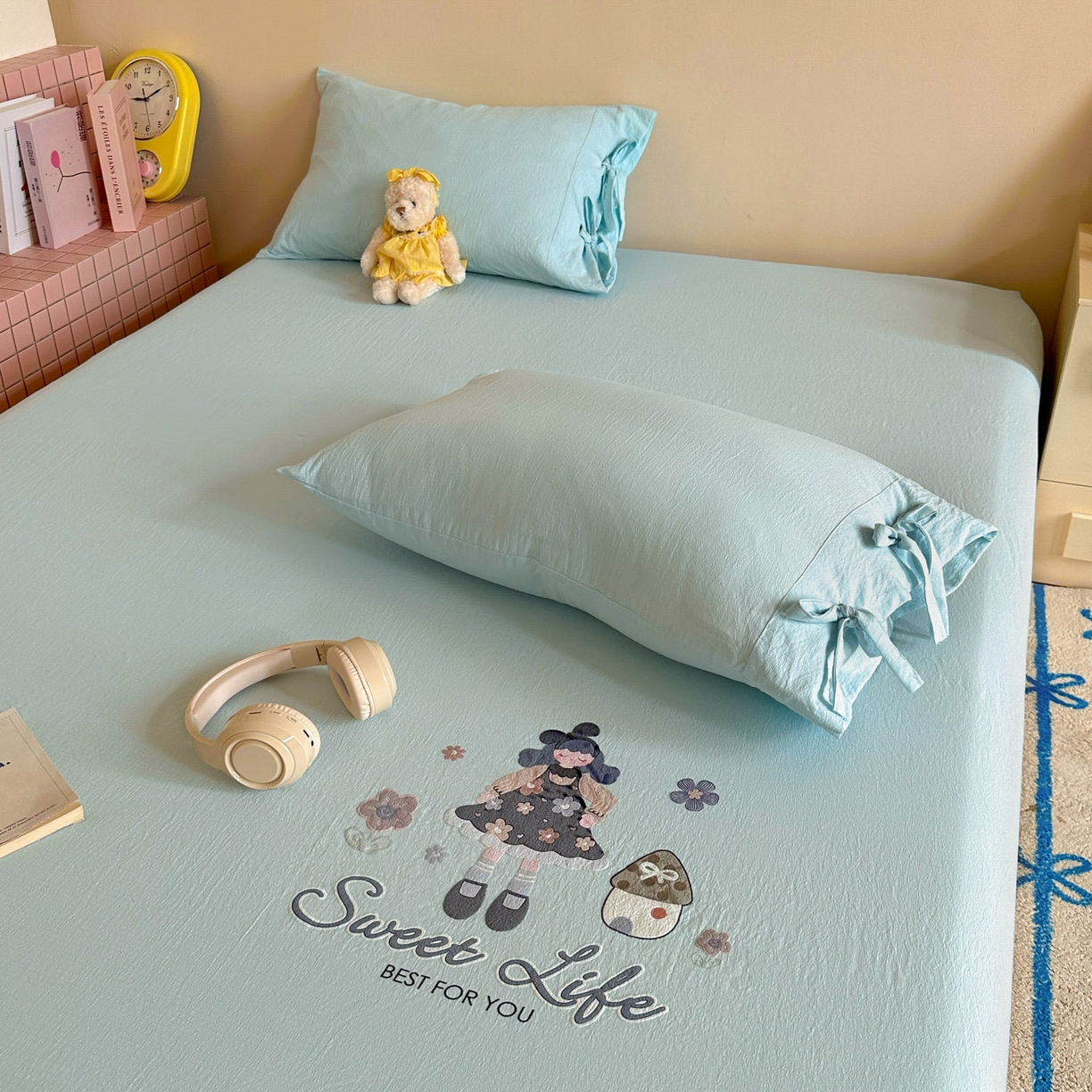 91家纺网 家纺一手货源 找家纺 漫仙阁家纺 2025新品云朵棉可爱风卡通烫画单床笠枕套三件套 花仙子