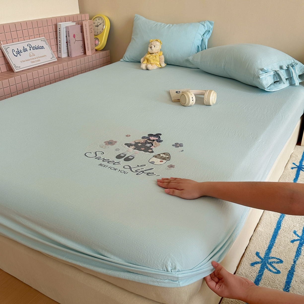 91家纺网 家纺一手货源 找家纺 漫仙阁家纺 2025新品云朵棉可爱风卡通烫画单床笠枕套三件套 花仙子