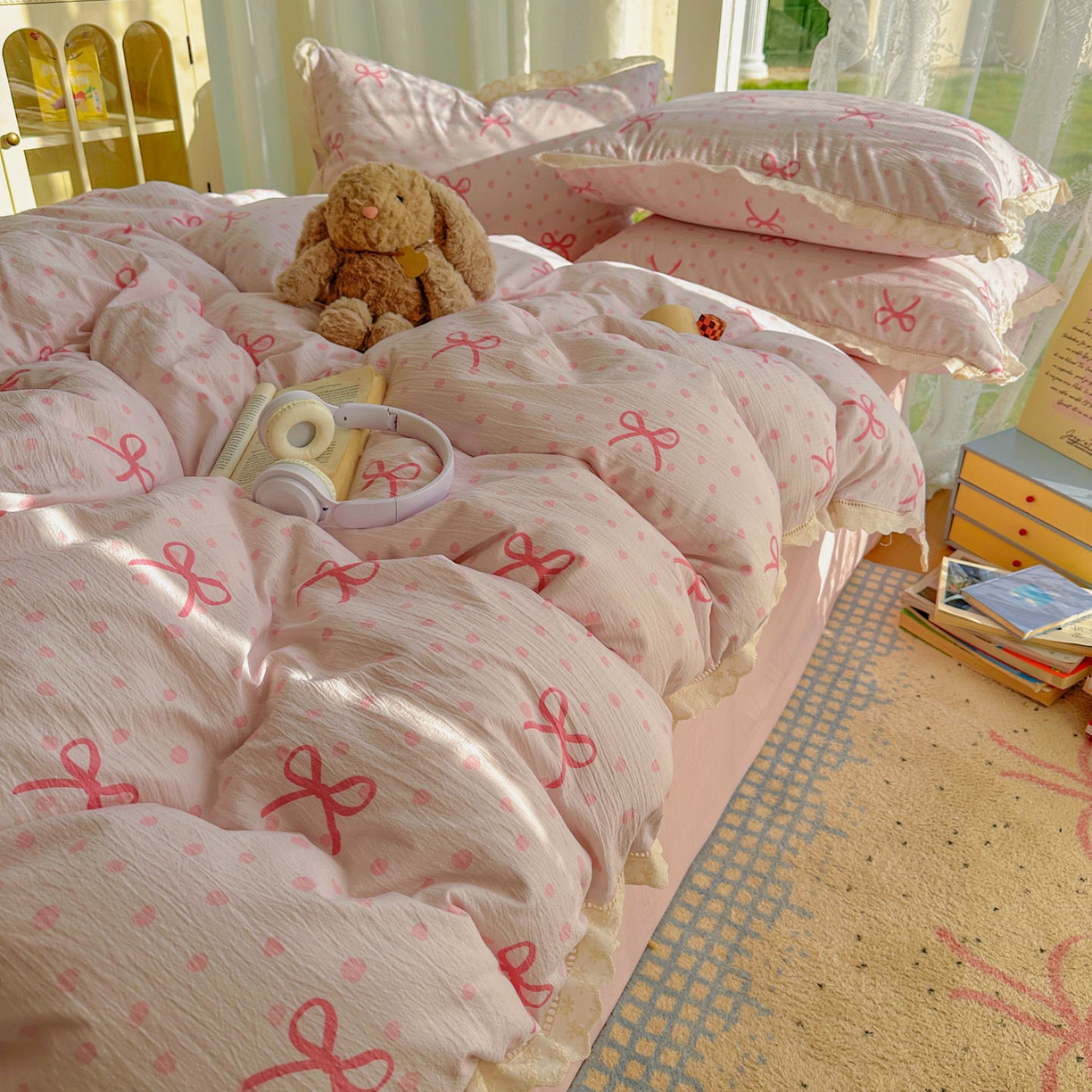 91家纺网 家纺一手货源 找家纺 颜选 2025新款全棉纯棉花边款四件套 全棉花边波点蝴蝶结