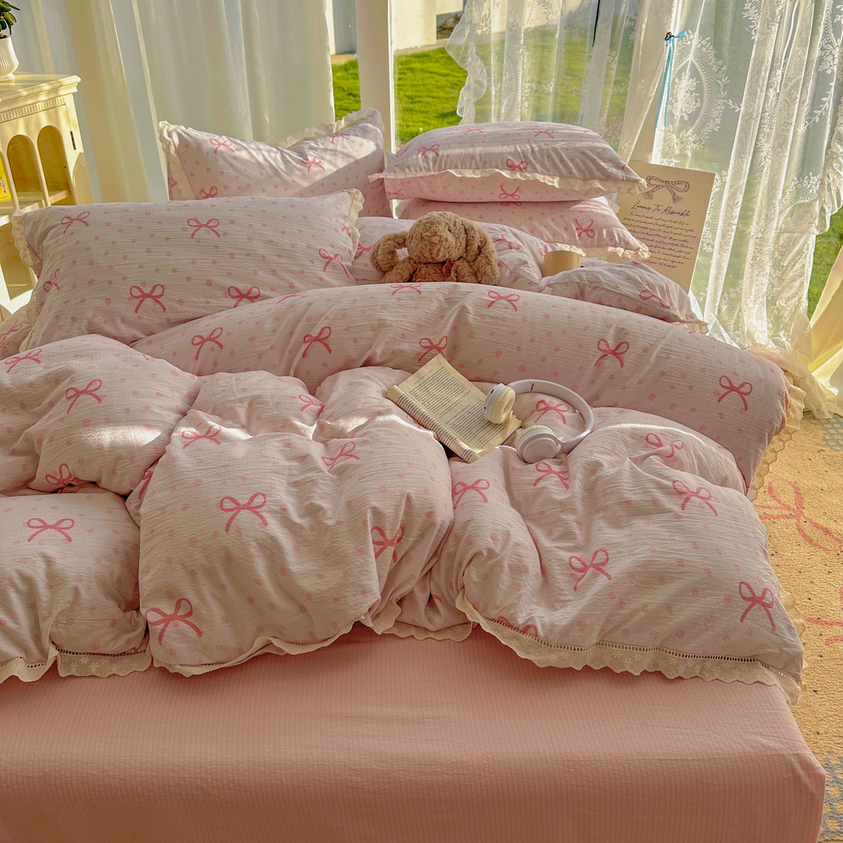 91家纺网 家纺一手货源 找家纺 颜选 2025新款全棉纯棉花边款四件套 全棉花边波点蝴蝶结