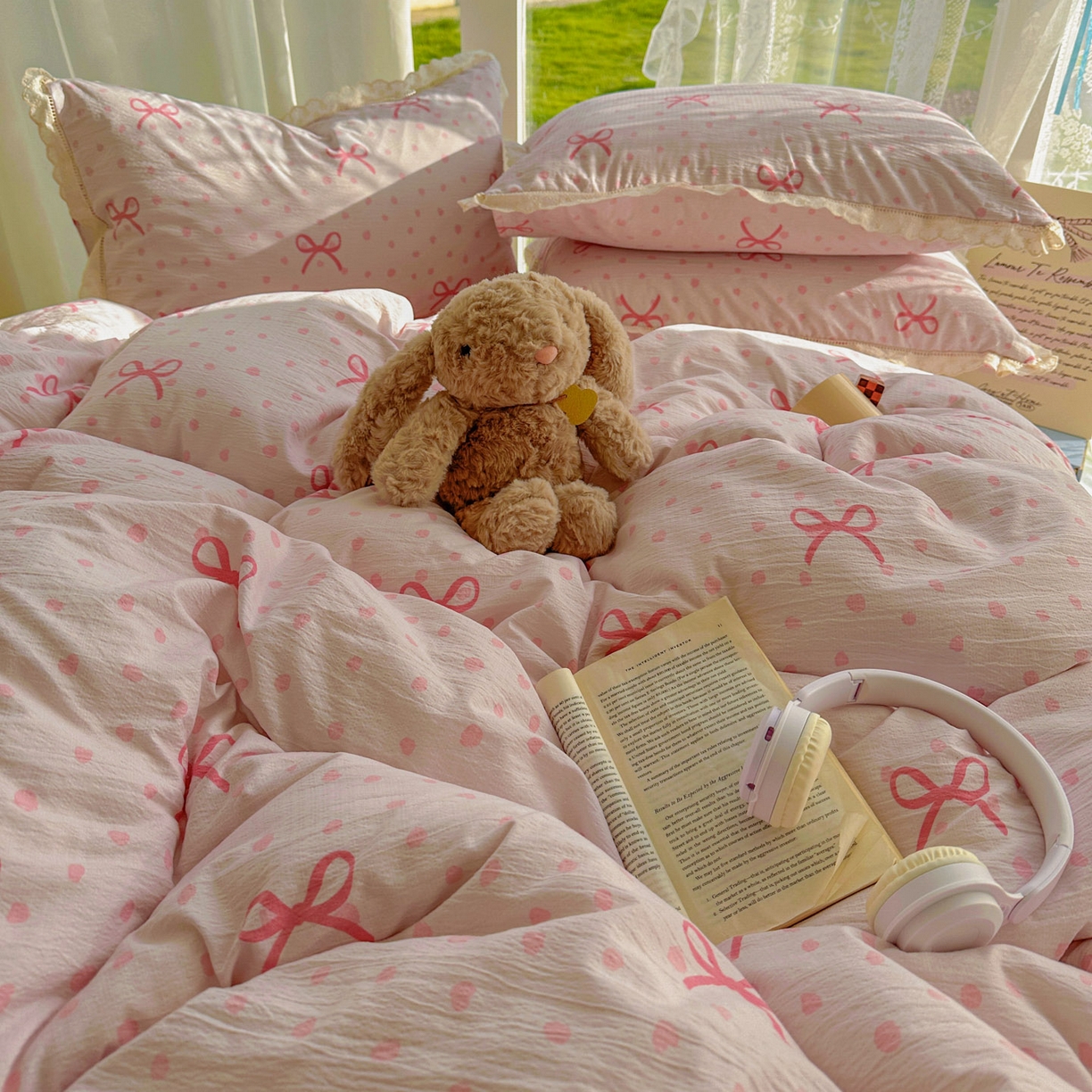 91家纺网 家纺一手货源 找家纺 颜选 2025新款全棉纯棉花边款四件套 全棉花边波点蝴蝶结