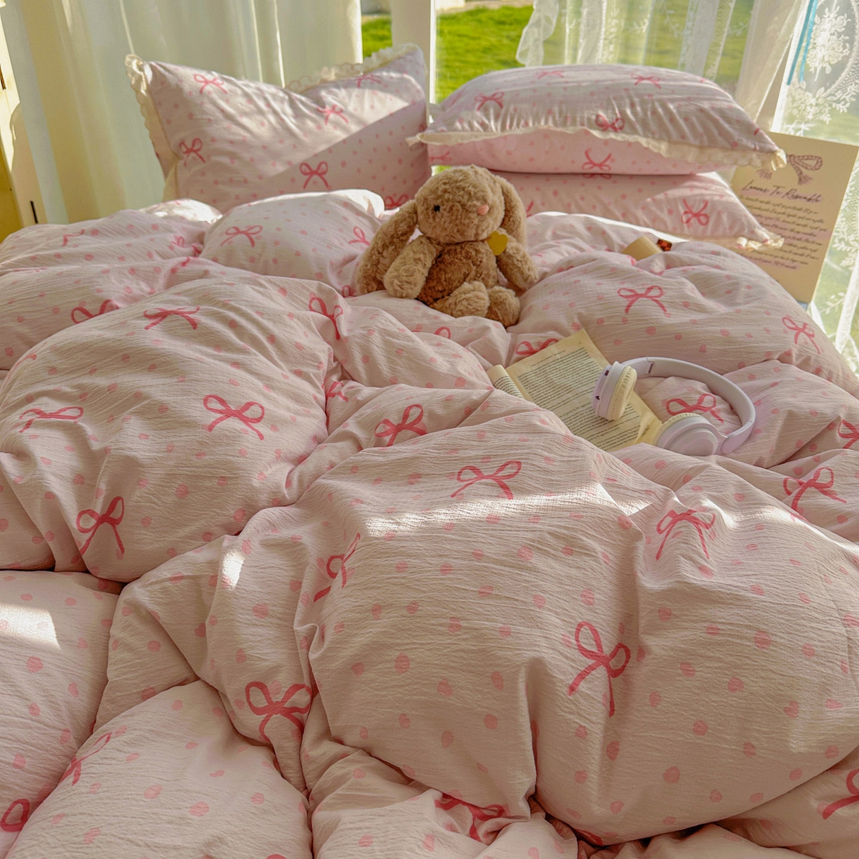 91家纺网 家纺一手货源 找家纺 颜选 2025新款全棉纯棉花边款四件套 全棉花边波点蝴蝶结