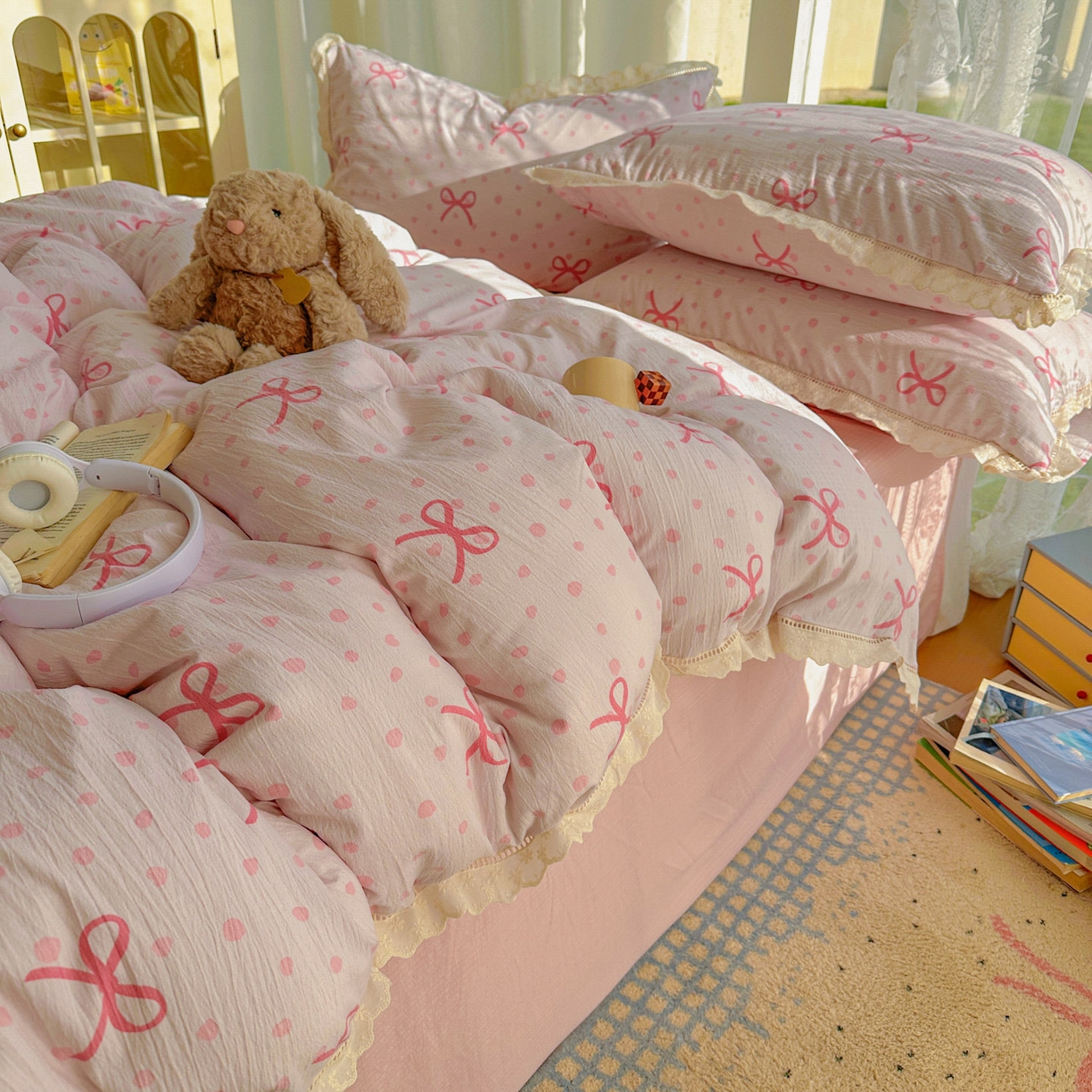 91家纺网 家纺一手货源 找家纺 颜选 2025新款全棉纯棉花边款四件套 全棉花边波点蝴蝶结