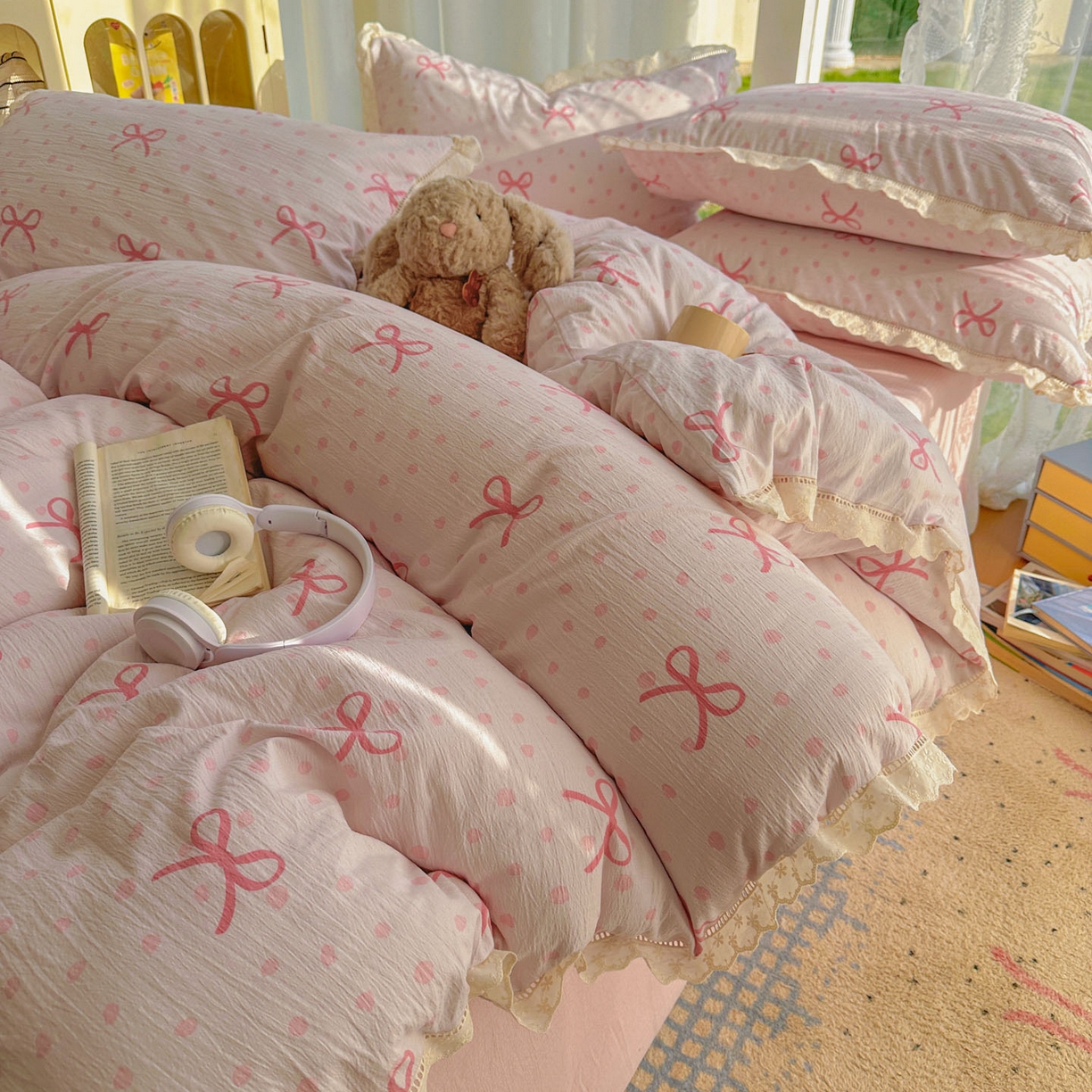 91家纺网 家纺一手货源 找家纺 颜选 2025新款全棉纯棉花边款四件套 全棉花边波点蝴蝶结