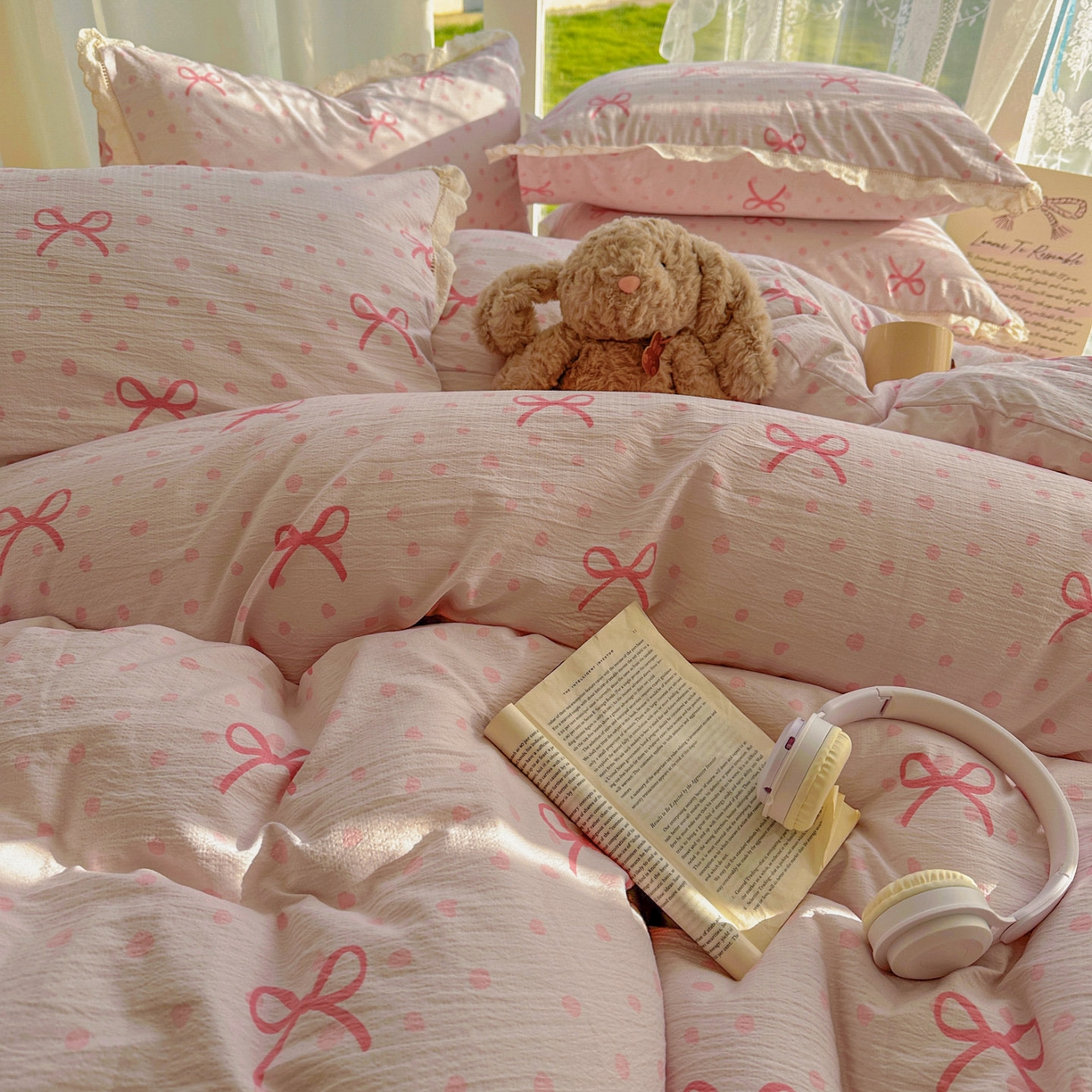 91家纺网 家纺一手货源 找家纺 颜选 2025新款全棉纯棉花边款四件套 全棉花边波点蝴蝶结