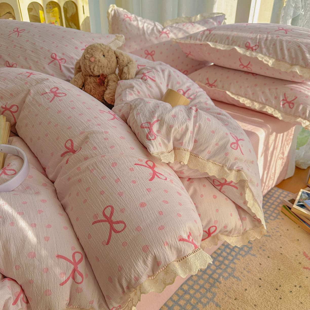 91家纺网 家纺一手货源 找家纺 颜选 2025新款全棉纯棉花边款四件套 全棉花边波点蝴蝶结