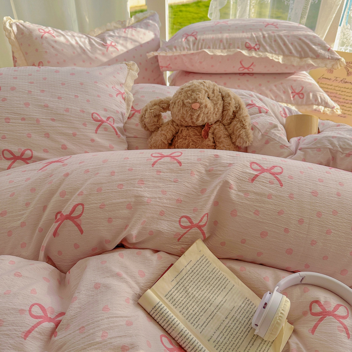 91家纺网 家纺一手货源 找家纺 颜选 2025新款全棉纯棉花边款四件套 全棉花边波点蝴蝶结