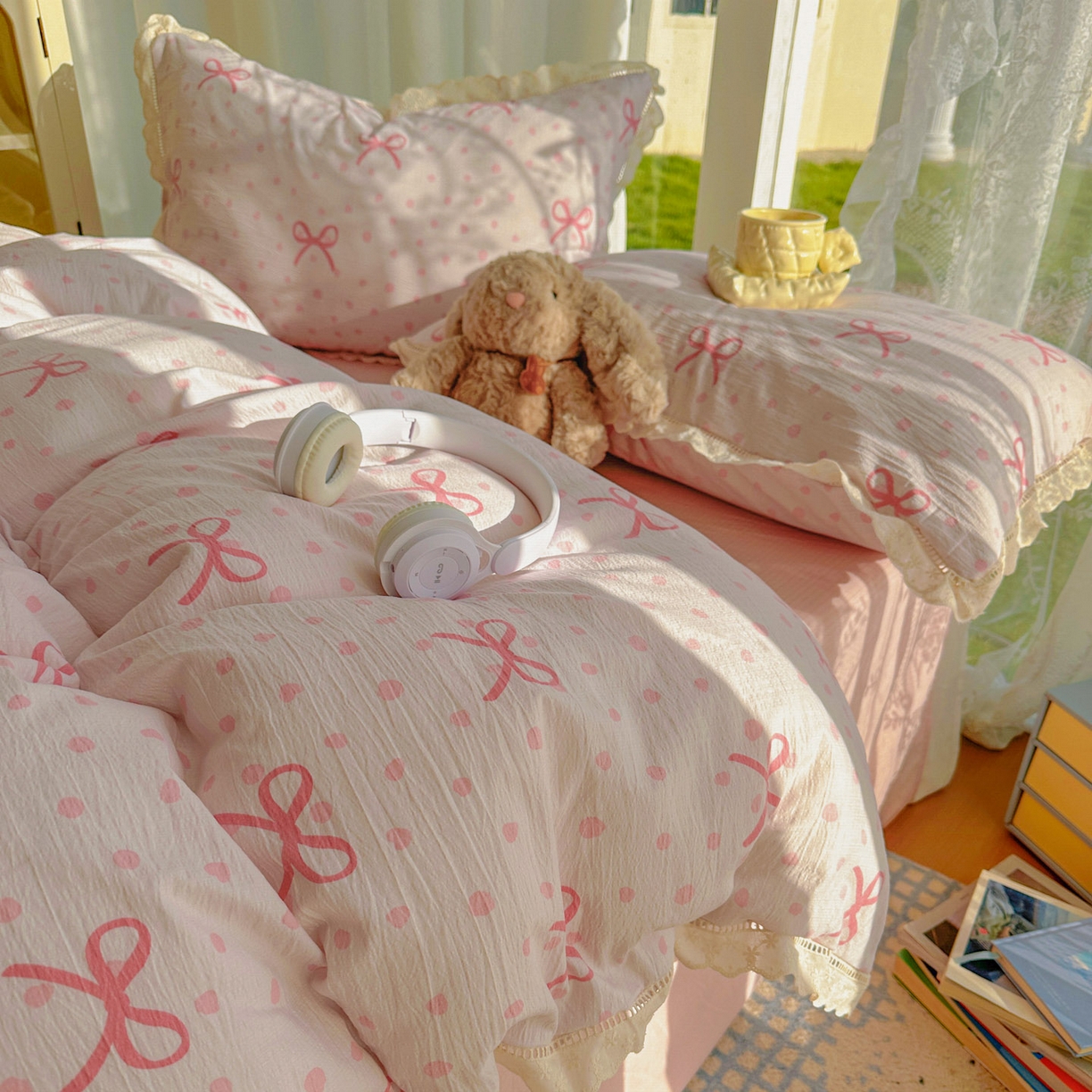 91家纺网 家纺一手货源 找家纺 颜选 2025新款全棉纯棉花边款四件套 全棉花边波点蝴蝶结