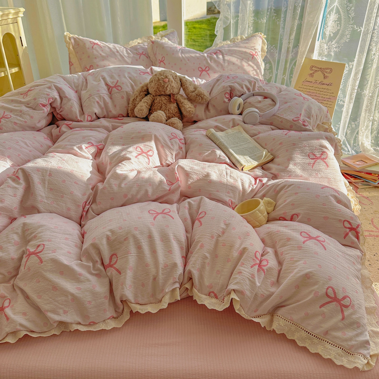 91家纺网 家纺一手货源 找家纺 颜选 2025新款全棉纯棉花边款四件套 全棉花边波点蝴蝶结