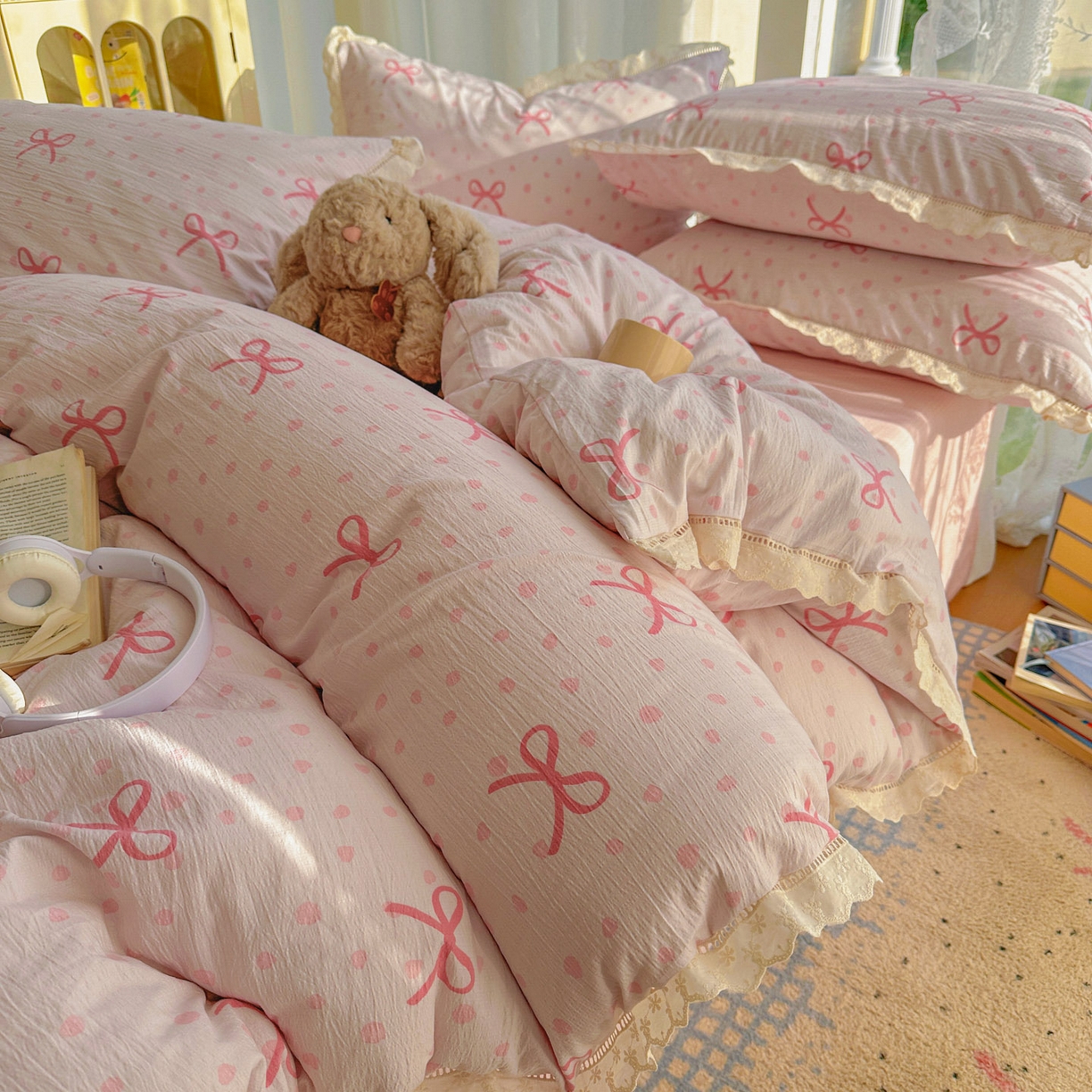 91家纺网 家纺一手货源 找家纺 颜选 2025新款全棉纯棉花边款四件套 全棉花边波点蝴蝶结