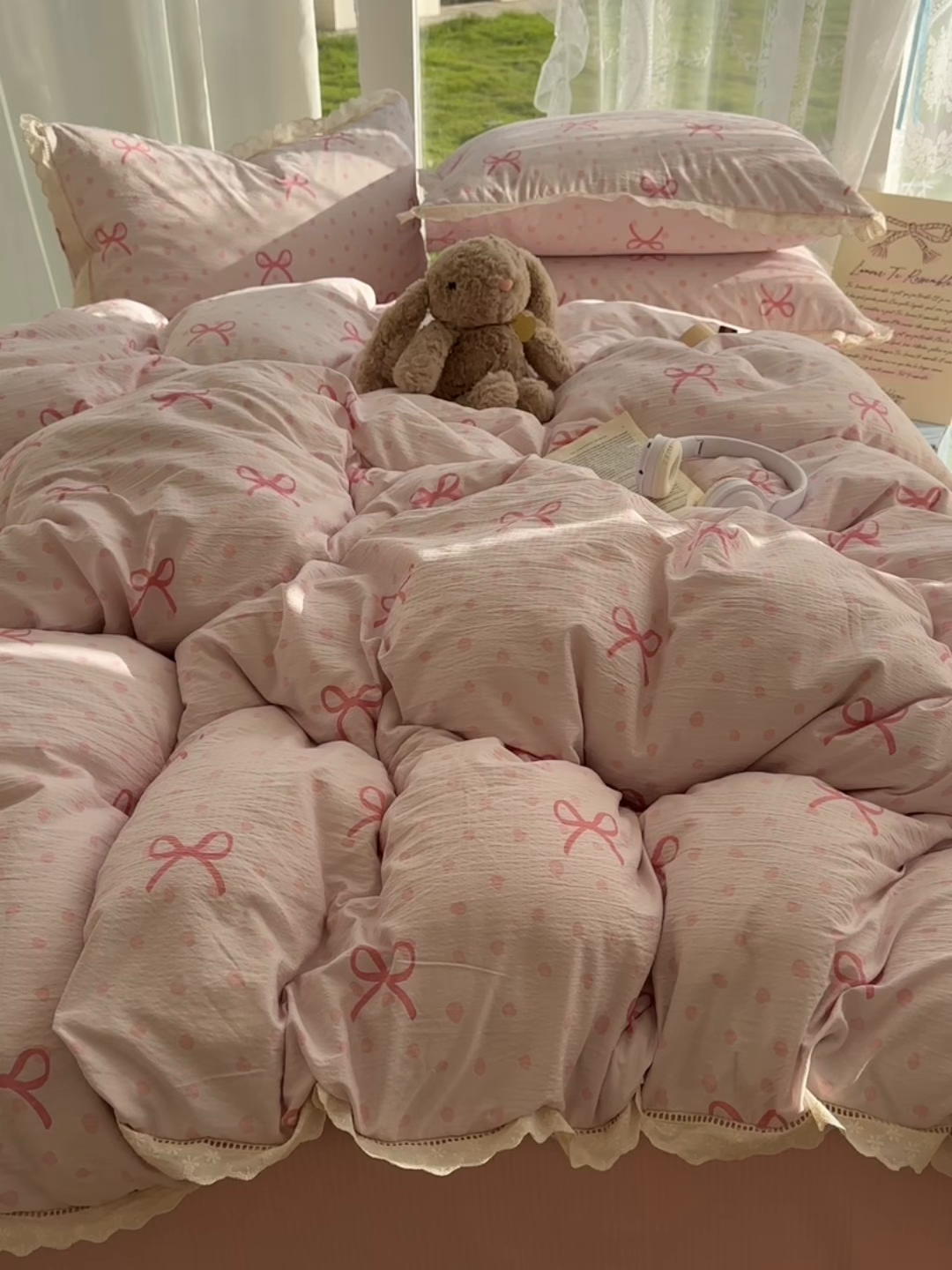 91家纺网 家纺一手货源 找家纺 颜选 2025新款全棉纯棉花边款四件套 全棉花边波点蝴蝶结