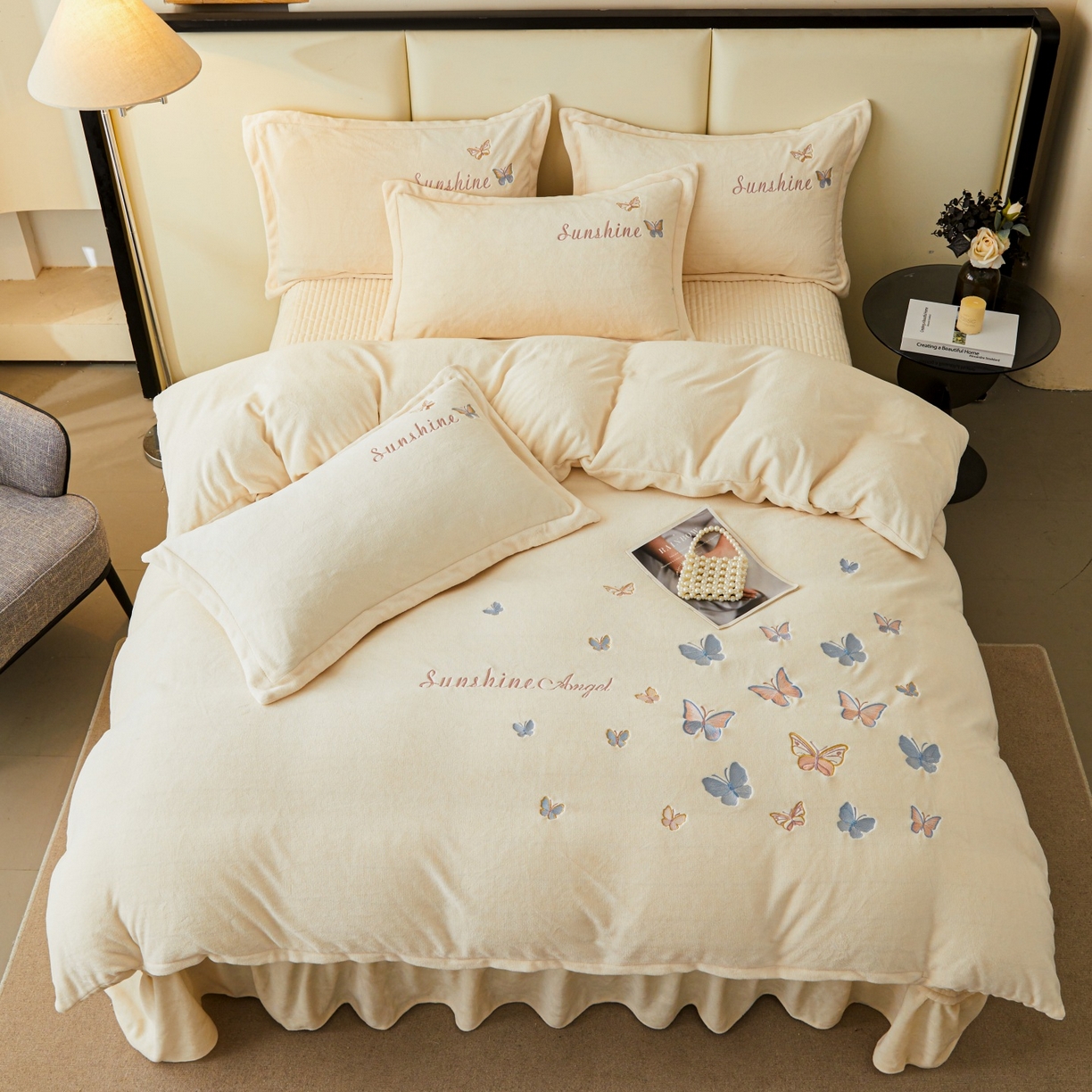 莱越家纺 2025新款亲肤舒适刺绣床盖四件套-蝶语 【蝶语】米白