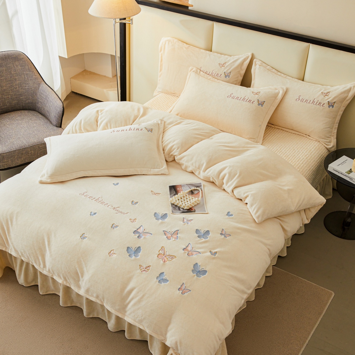 91家纺网 家纺一手货源 找家纺 莱越家纺 2025新款亲肤舒适刺绣床盖四件套-蝶语 【蝶语】米白