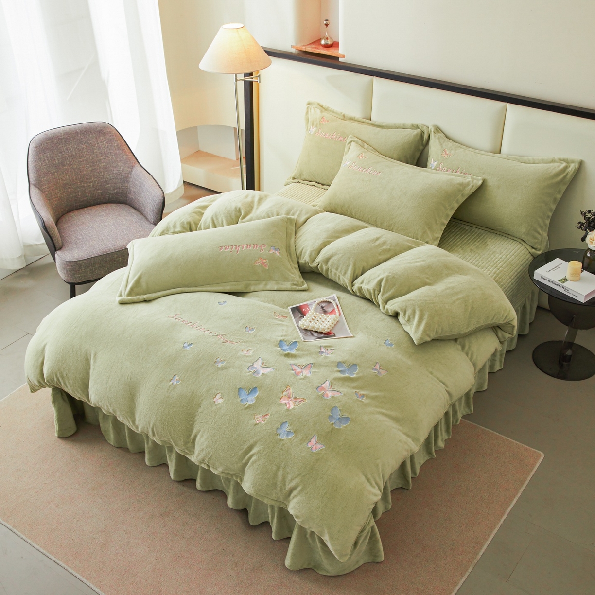 91家纺网 家纺一手货源 找家纺 莱越家纺 2025新款亲肤舒适刺绣床盖四件套-蝶语 【蝶语】牛油果绿