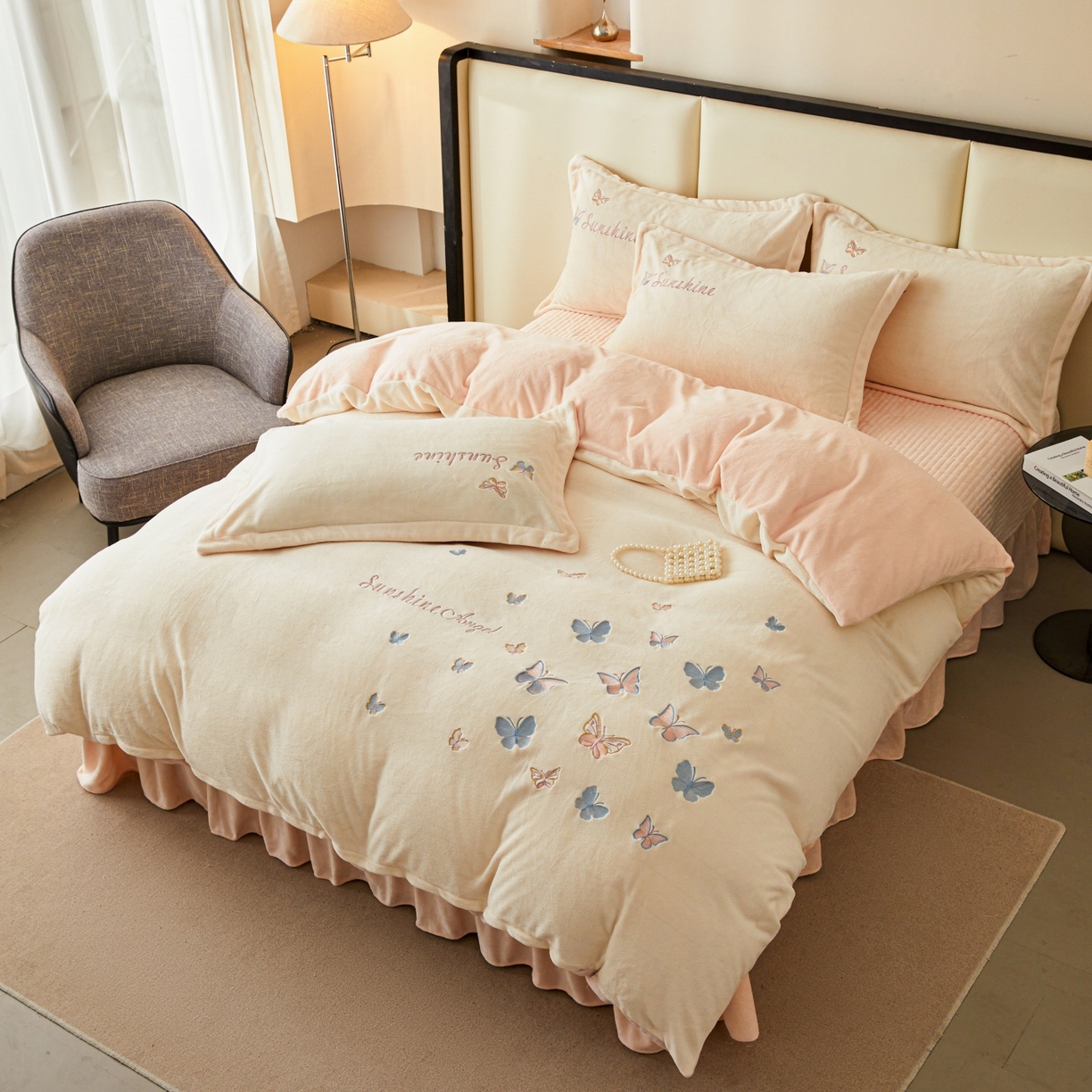 91家纺网 家纺一手货源 找家纺 莱越家纺 2025新款亲肤舒适刺绣床盖四件套-蝶语 【蝶语】米白+淡雅玉