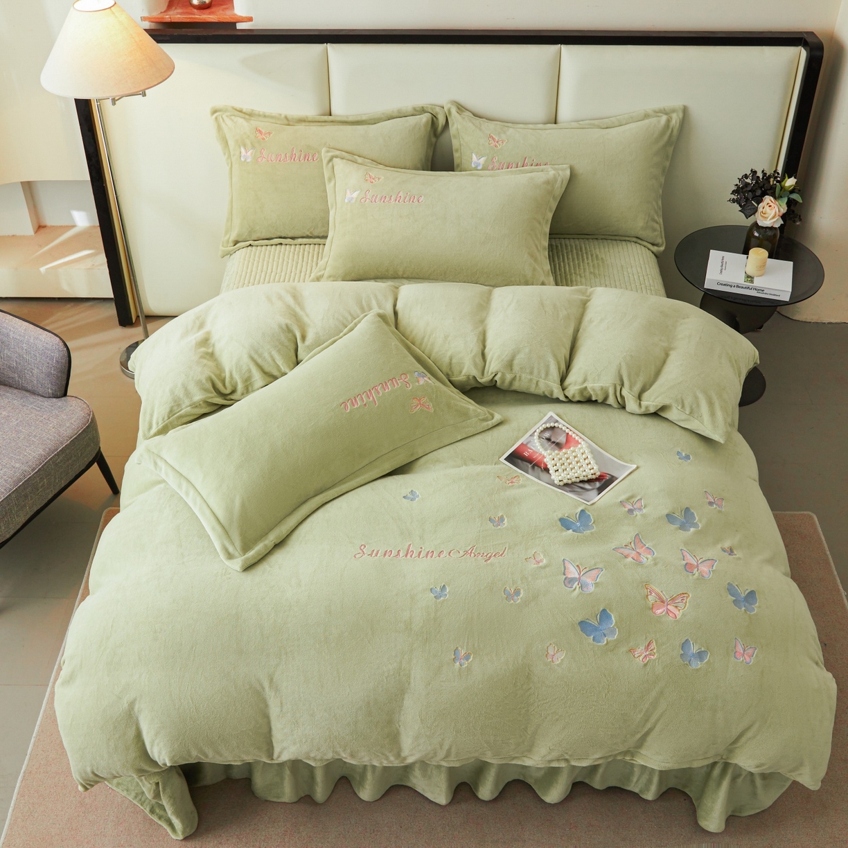 莱越家纺 2025新款亲肤舒适刺绣床盖四件套-蝶语 【蝶语】牛油果绿