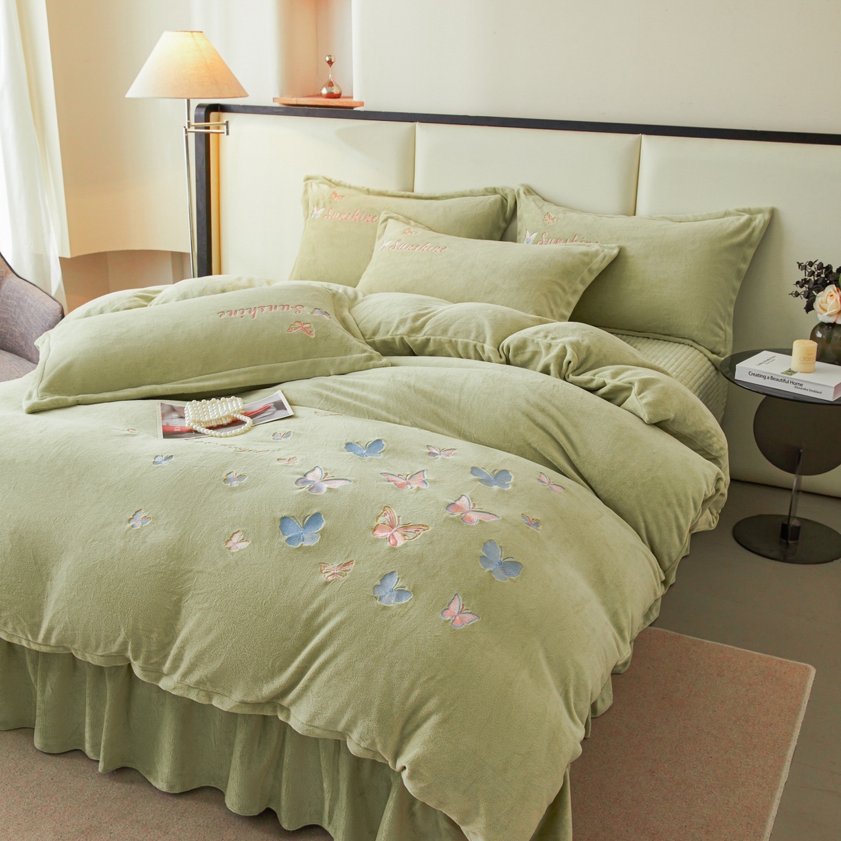 91家纺网 家纺一手货源 找家纺 莱越家纺 2025新款亲肤舒适刺绣床盖四件套-蝶语 【蝶语】牛油果绿