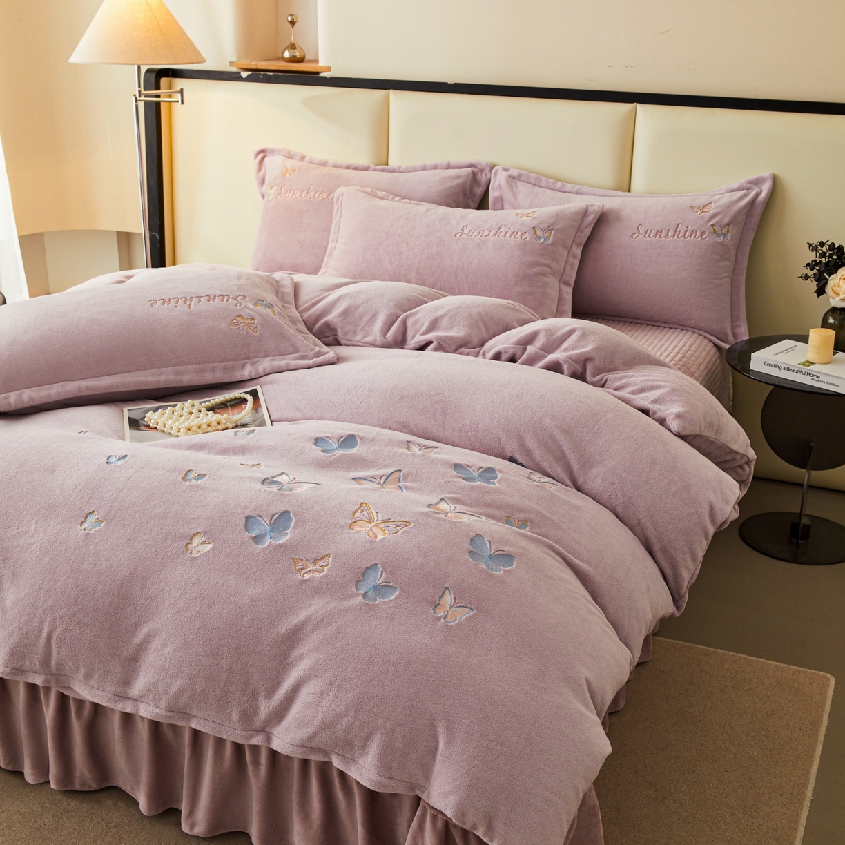 91家纺网 家纺一手货源 找家纺 莱越家纺 2025新款亲肤舒适刺绣床盖四件套-蝶语 【蝶语】典雅紫