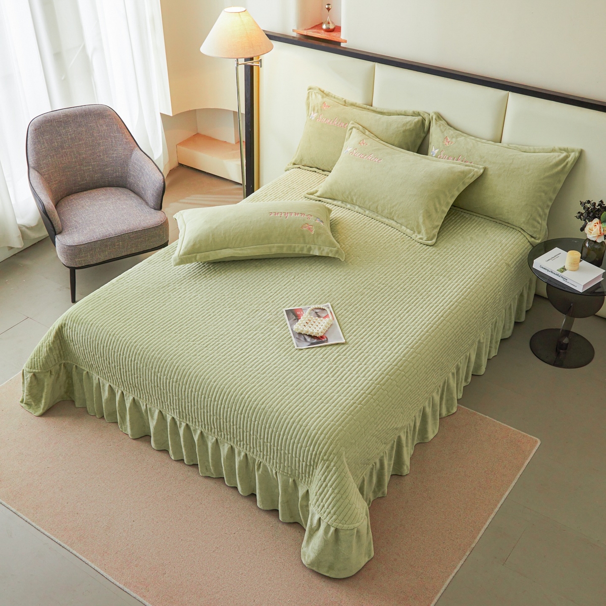 91家纺网 家纺一手货源 找家纺 莱越家纺 2025新款亲肤舒适刺绣床盖四件套-蝶语 【蝶语】牛油果绿