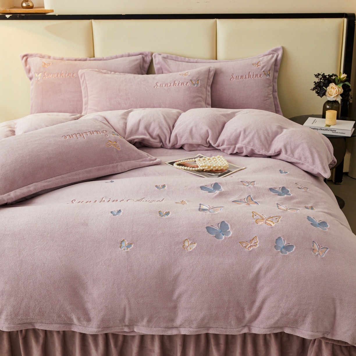 91家纺网 家纺一手货源 找家纺 莱越家纺 2025新款亲肤舒适刺绣床盖四件套-蝶语 【蝶语】典雅紫