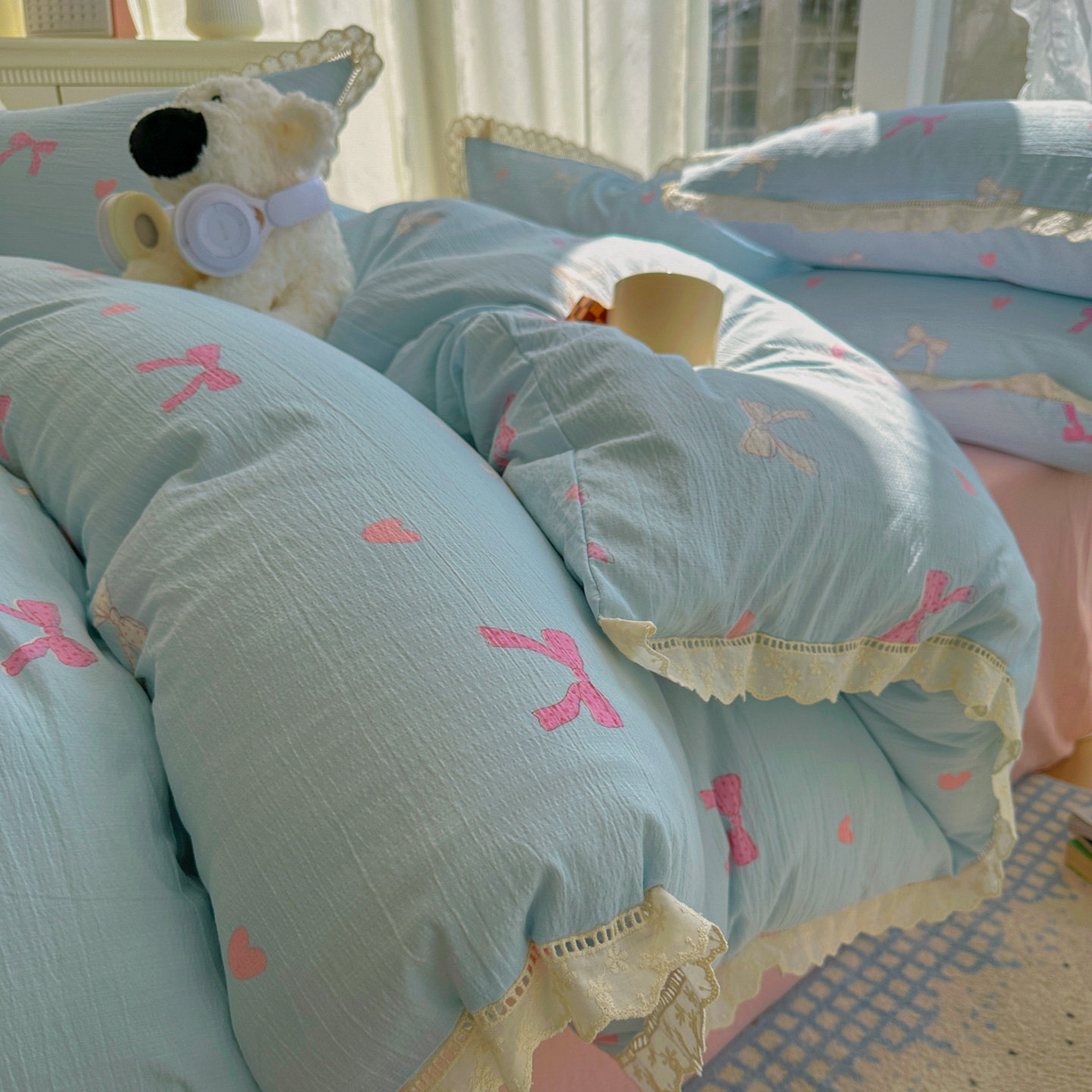 颜选 2025新款全棉纯棉花边款四件套 全棉花边粉蝴蝶结