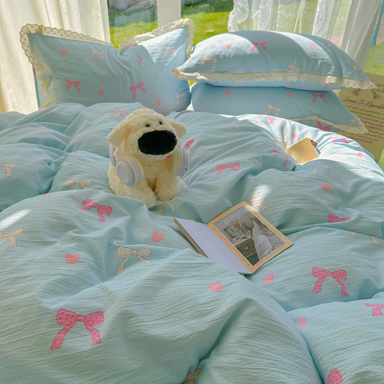 91家纺网 家纺一手货源 找家纺 颜选 2025新款全棉纯棉花边款四件套 全棉花边粉蝴蝶结